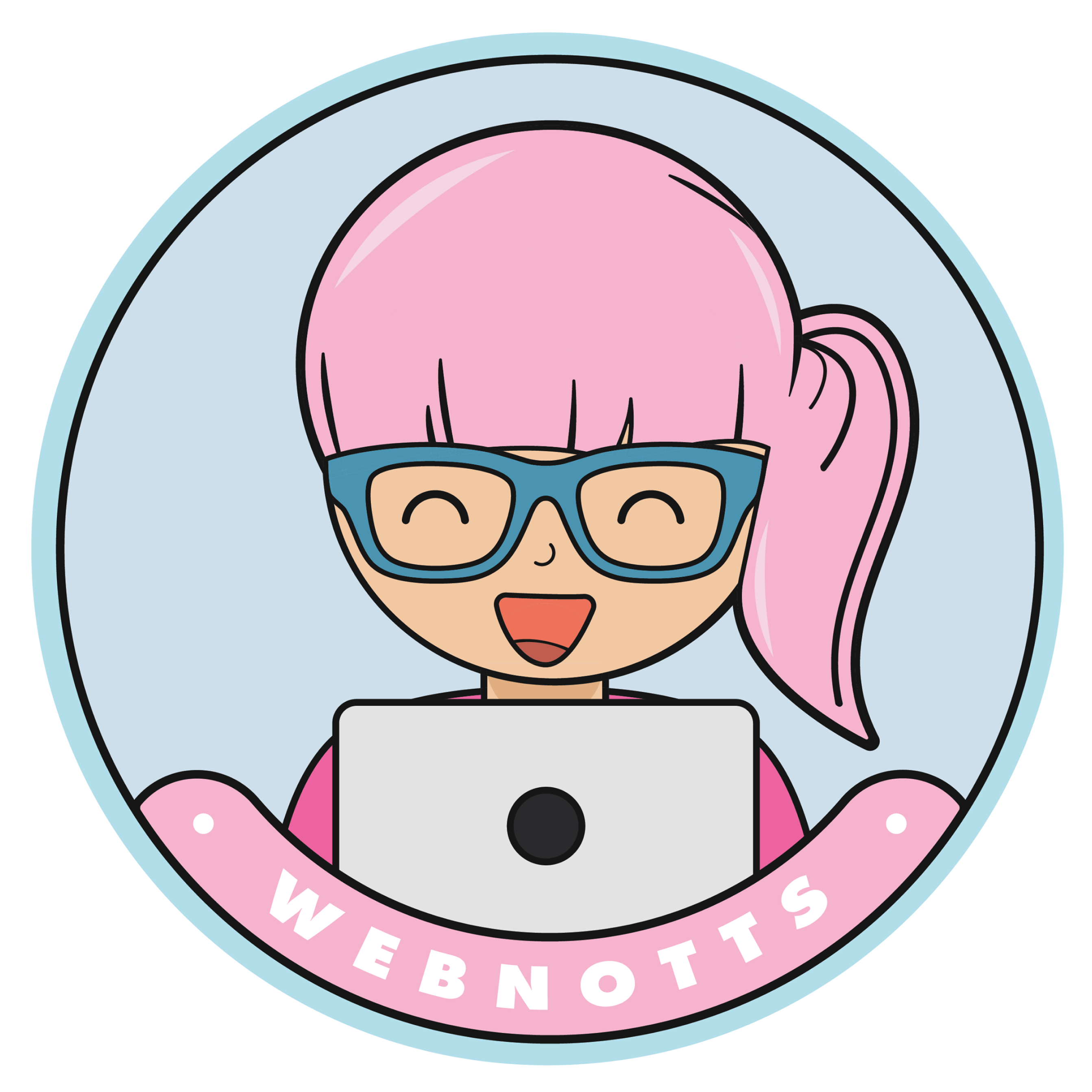 a cartoon character with pink hair, behind a laptop with text webnotts written under it